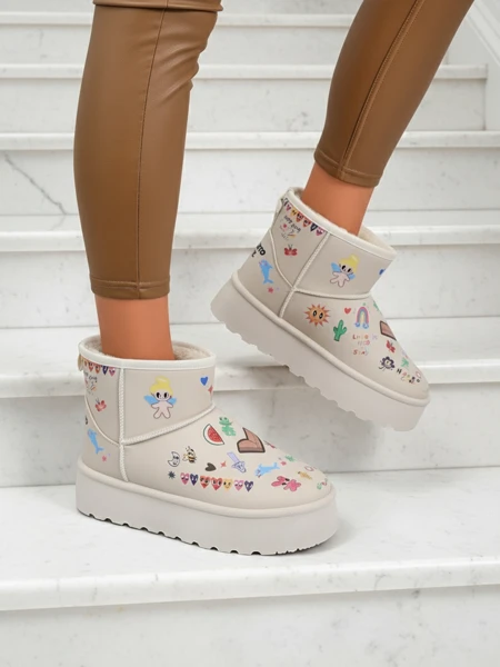 Lemuria csizmák - Krémes színű Doodle hócsizmák vastag talpon Furrini