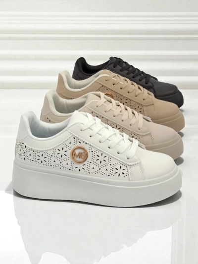 Damskie sneakersy Aelia Royalfashion na platformie białe ażurowe ecru