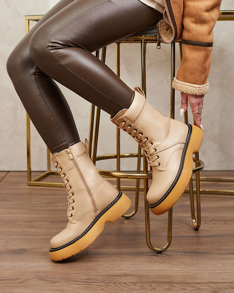 Royalfashion Bézs női fűzős csizma tömör talppal Diret