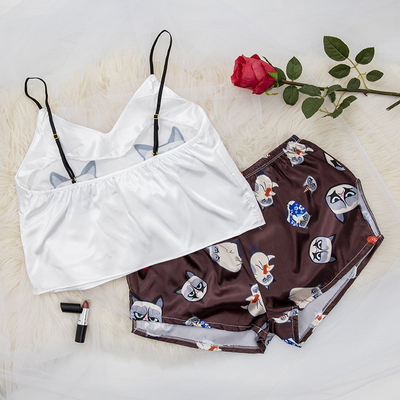 Női sötétbarna pizsama macskanyomattal - Ruházat