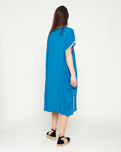 Női kék nyári strandtunika pomponokkal - Ruházat