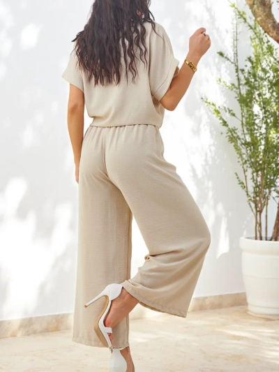 Royalfashion Női szett, megkötős rövid ujjú inggel és flared farmernadrággal, strasszokkal díszítve