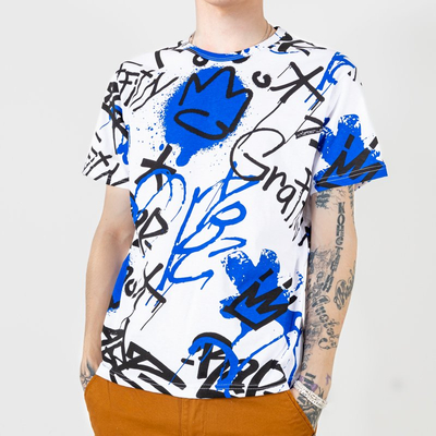 Fehér és kék pamut férfi póló feliratokkal - Ruházat