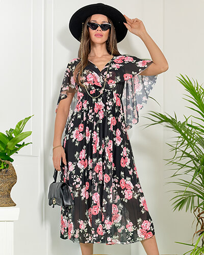 Royalfashion Női pliszírozott, virágos midi ruha