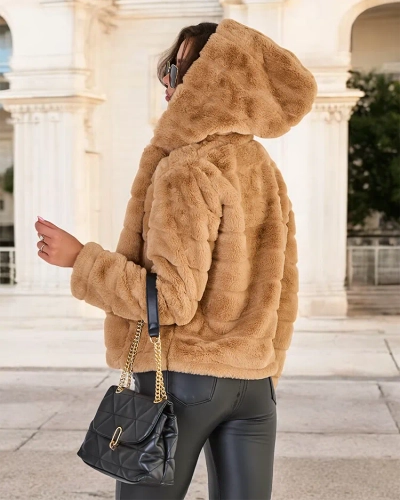 Royalfashion Világosbarna női szőrmeimitációs kabát