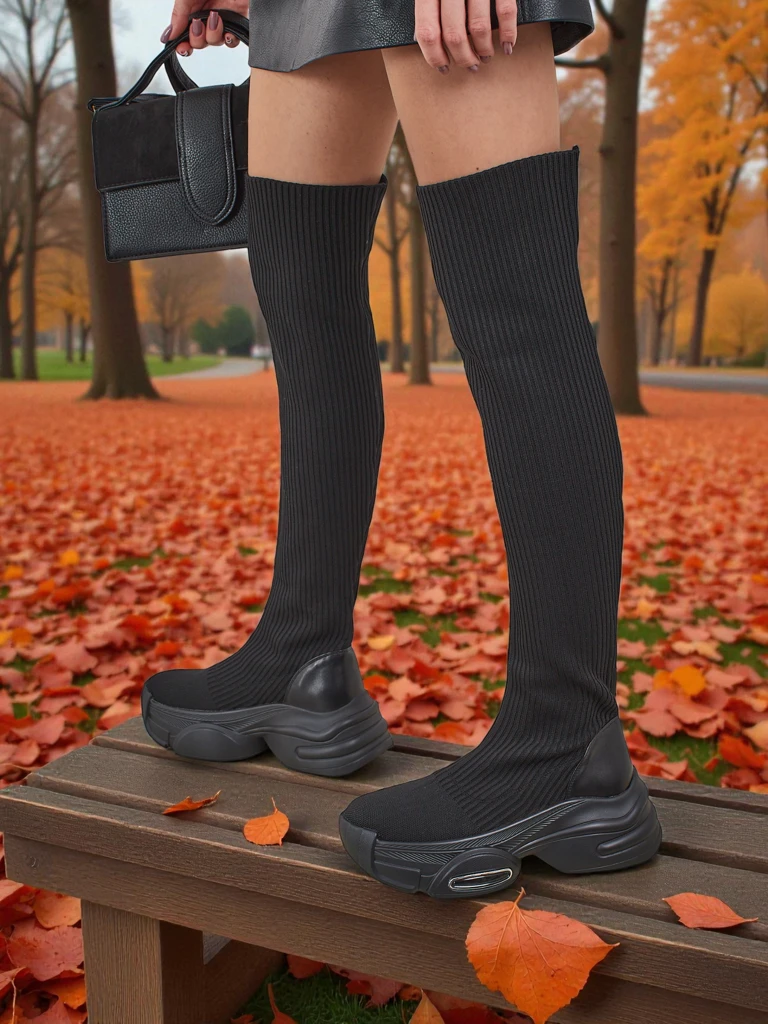 Hosszú női felbújós combcsizmák vastagabb talppal Ravmora