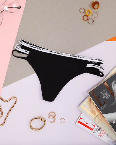 Női fekete pamut tangabugyi csíkokkal - Fehérnemű