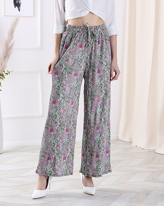 Mintás, széles szárú női nadrág zöld színben- Ruházat