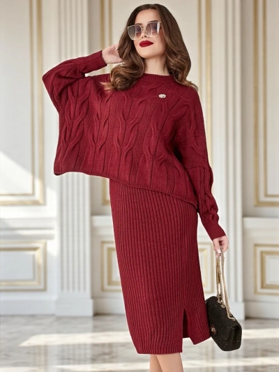 Royalfashion Akril fonott női szett pulóverrel és szoknyával Meleg és puha