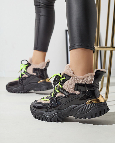 Fekete női sportcipő szőrmével és neonsárga fűzővel Adbo- Footwear