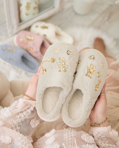 Royalfashion Bézs női szőrme papucs díszítéssel Erserra