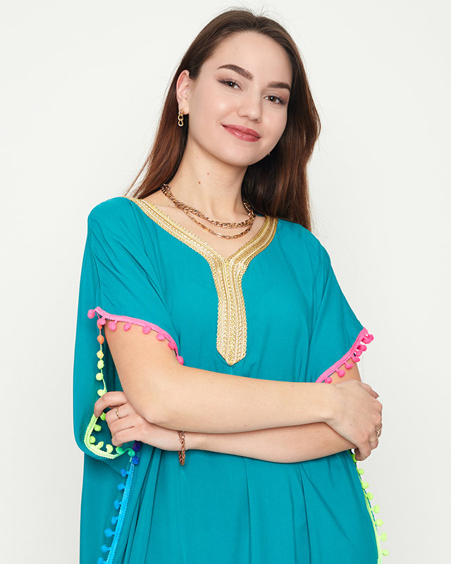 Női zöld nyári strandtunika pomponokkal - Ruházat