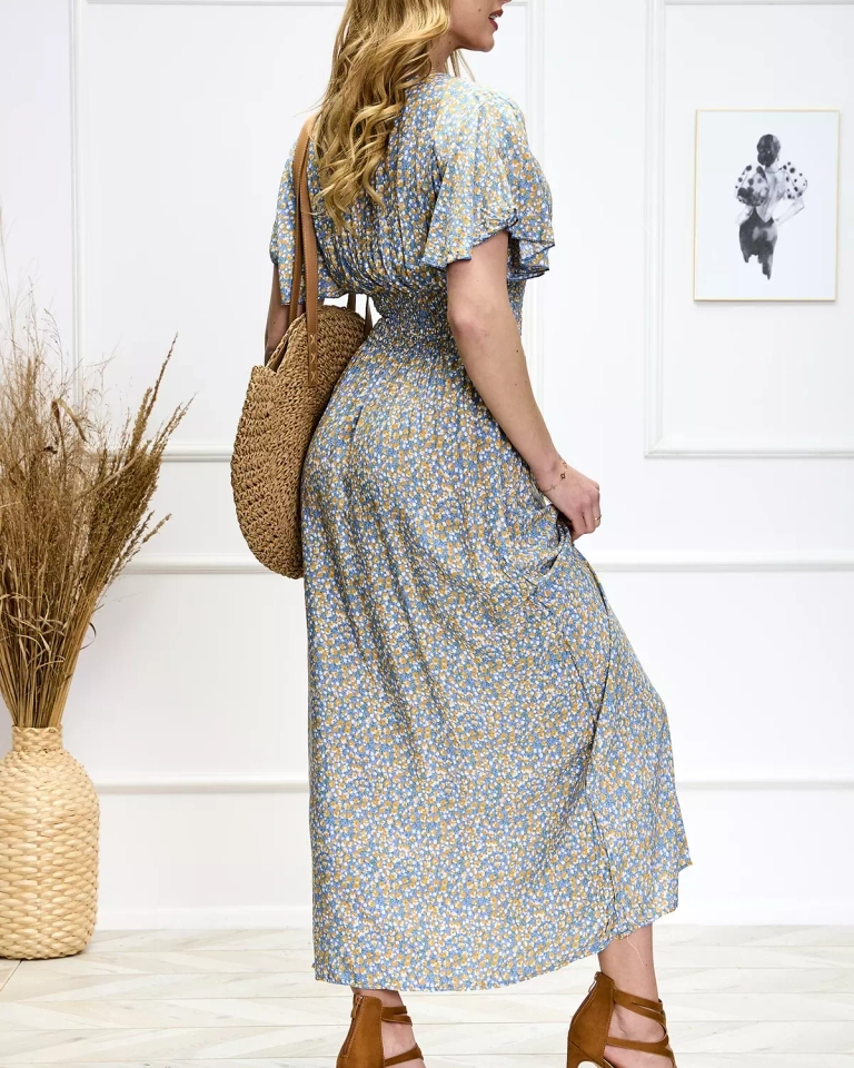 Kék női hosszú ruha virágmintával - Ruházat