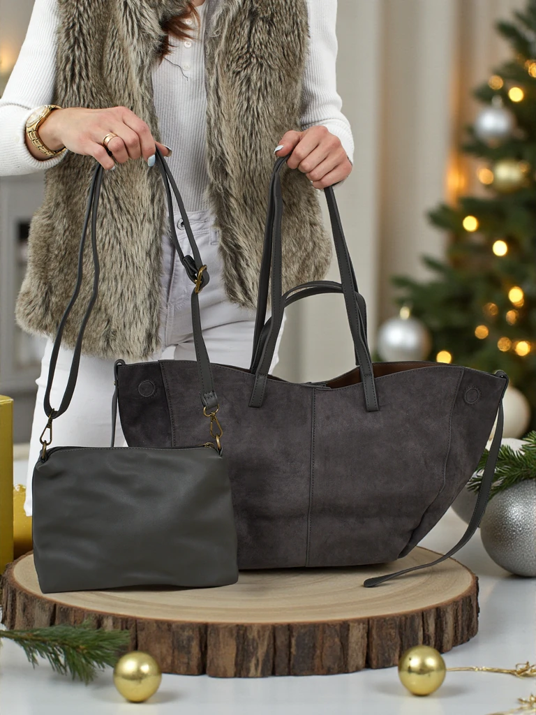 Női shopper táska öko velúr, kisebb öko bőr táskával szettben 2 az 1-ben Elinea