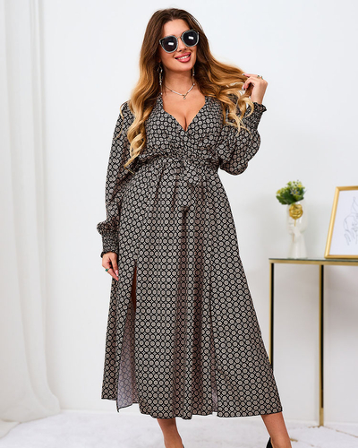 Royalfashion Bézs-fekete mintás női maxiruha