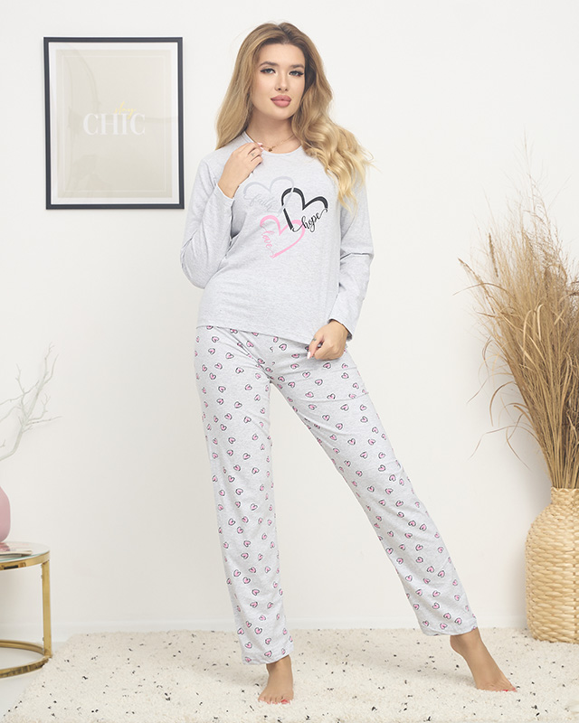 Világosszürke karácsonyi női 2 részes pizsama szívekkel - Ruházat
