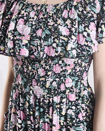 Fekete és rózsaszín hosszú, virágmintás női kezeslábas - Ruházat