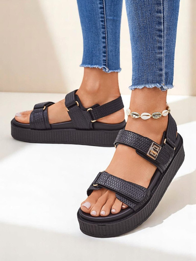 Royalfashion Ariadne platformos női szandál – fekete ökológiai bőr, tépőzár, nyár
