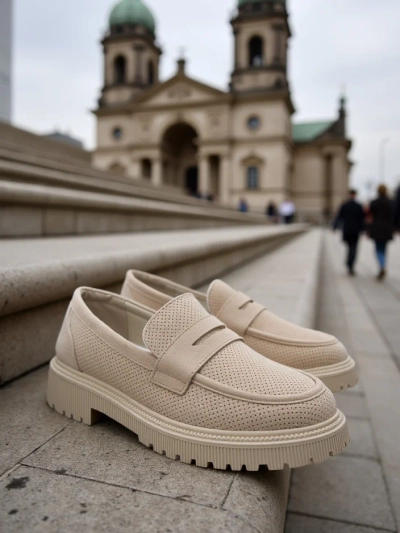 Callista bézs női loafer, ökológiai bőr, lapos 4 cm-es sarok