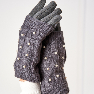 Sötét szürke női kesztyű gyöngyökkel - Kesztyű