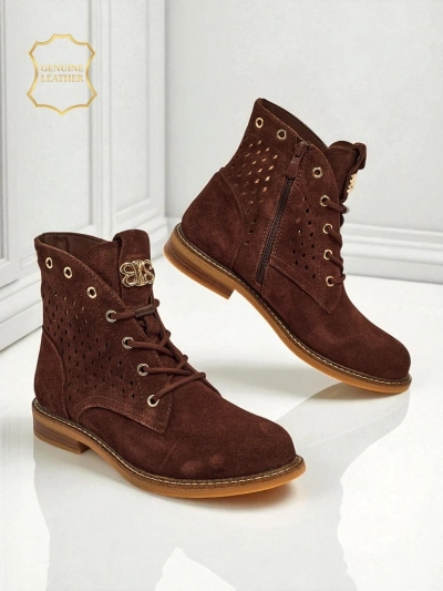 Aurelia Barna Velúr Szőrmés Áttört Elegáns Bokacsizma 2,5cm