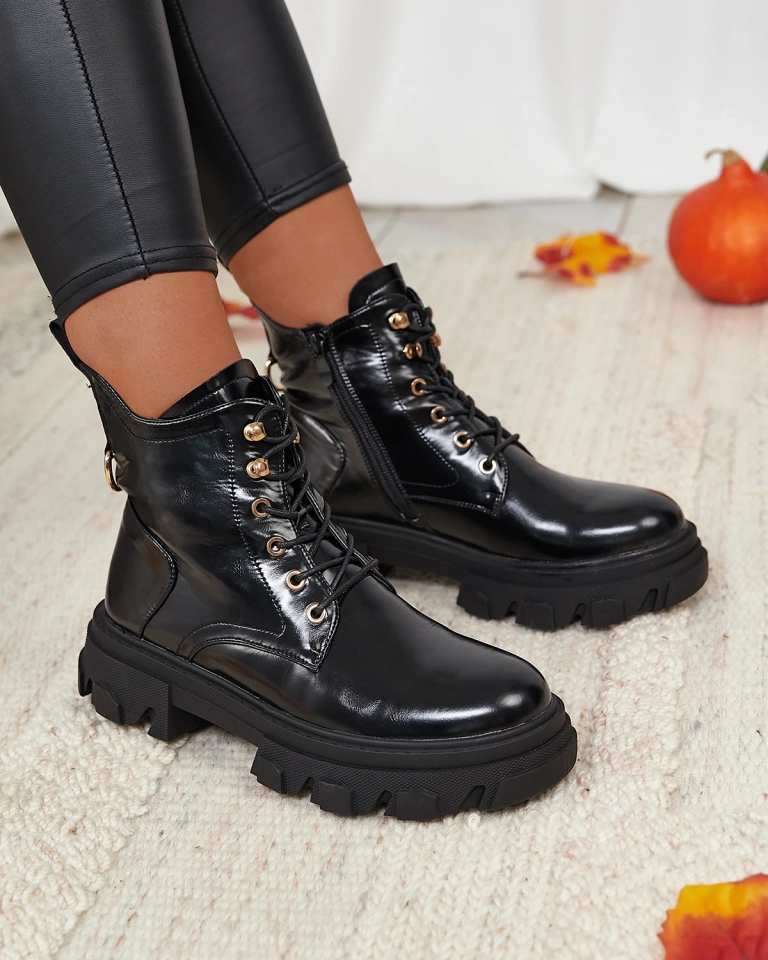 Royalfashion Fekete öko-bőr női szigetelt Selori trapper csizma