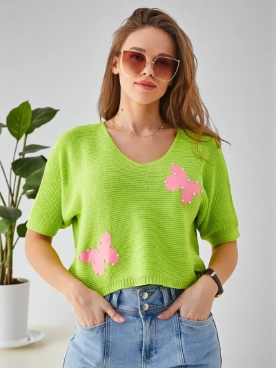 Royalfashion Női Pamut Rövid Pulóver Pillangókkal