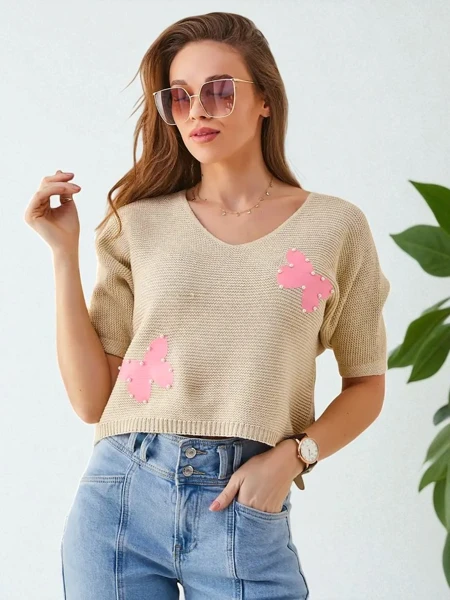 Royalfashion Női Pamut Rövid Pulóver Lepkék Mintával