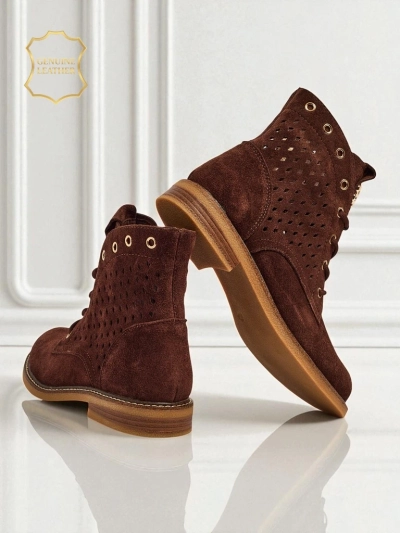 Aurelia Barna Velúr Szőrmés Áttört Elegáns Bokacsizma 2,5cm