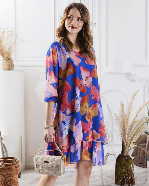 Tengerészkék női térdig érő ruha nyomtatással és fodrokkal - Ruházat