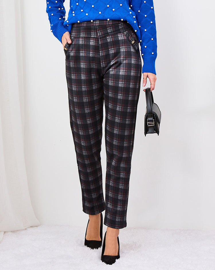 Royalfashion Szürke-piros női szigetelt kockás treggings