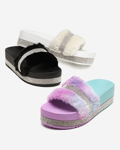 Fekete női papucs szőrmével és cirkóniával Zerika - Lábbeli