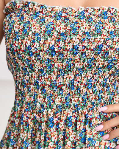 Női kék virágos miniruha pántokkal - Ruházat