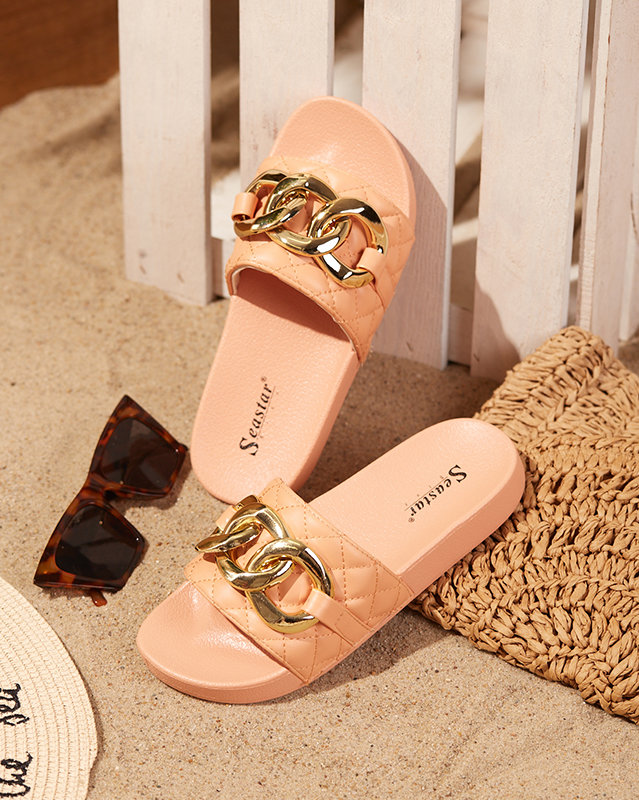 OUTLET Női korall steppelt papucs arany lánccal Eteris - Lábbeli