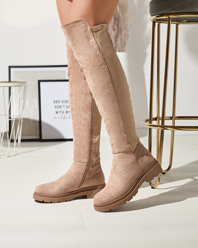 Világosbarna női öko-szarvasbőr térdig érő csizma Vexis - Lábbeli