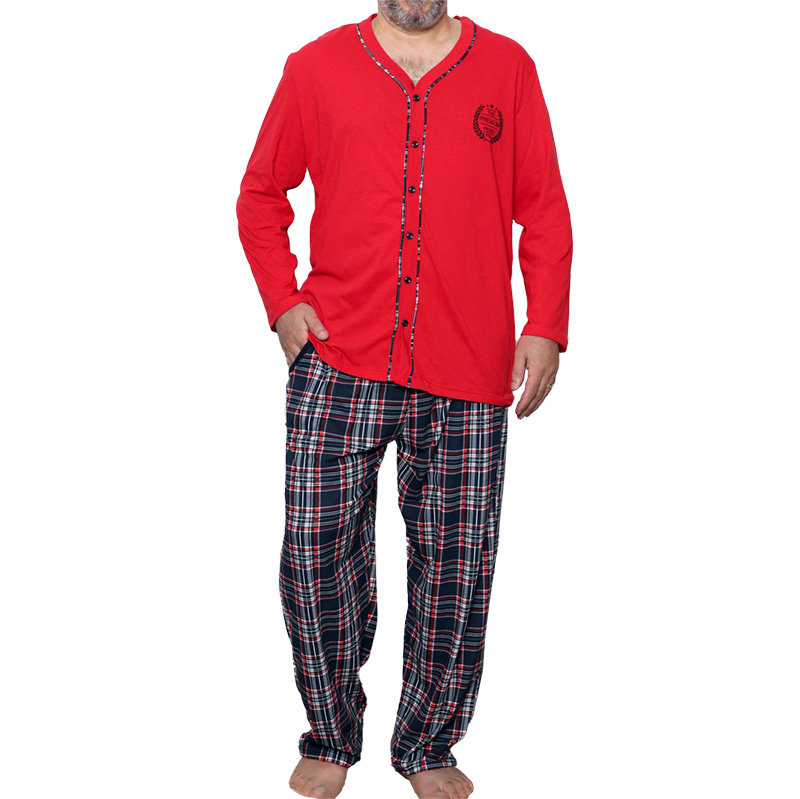 Férfi gombos pizsama piros színben- Ruházat