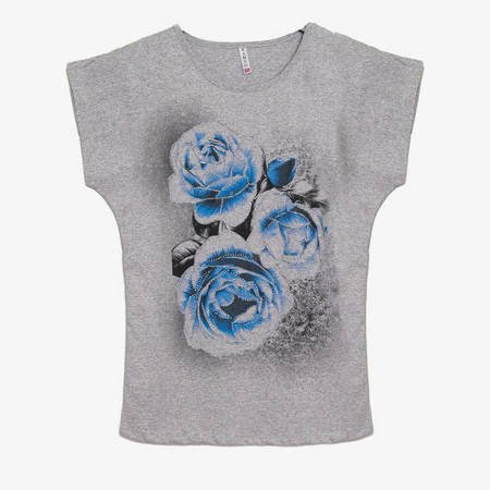 Jasnoszary t-shirt damski z printem w kwiaty - Odzież