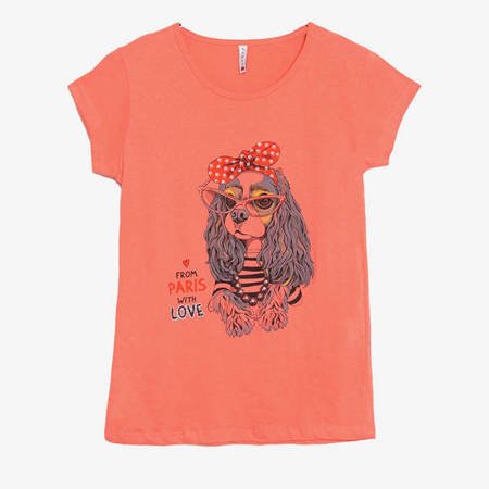 Koralowa damska koszulka z nadrukiem pieska - Odzież