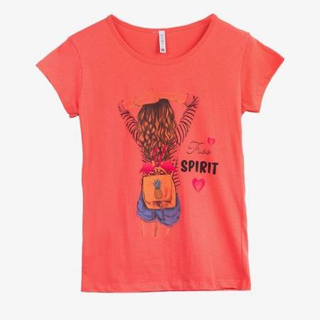 Koralowy t-shirt damski z kolorowym printem - Odzież