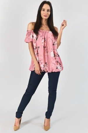Różowa bluzka hiszpanka w kwiaty - Odzież