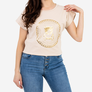 Bézs színű női póló arany mackómintával PLUSZ MÉRET - Ruházat
