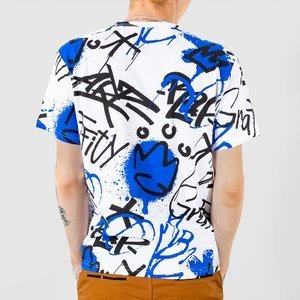 Fehér és kék pamut férfi póló feliratokkal - Ruházat