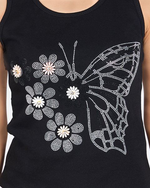 Fekete női felső pillangóval és virágokkal - Ruházat