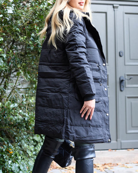 Fekete női hosszú téli kabát szintetikus szigeteléssel - ruházat