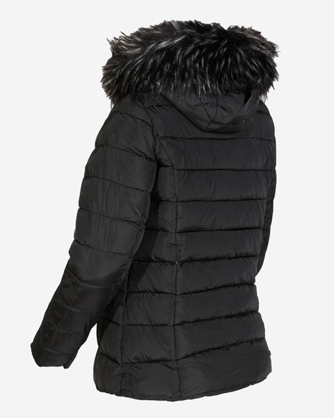 Fekete női steppelt kabát kapucnival és szőrmével- Ruházat