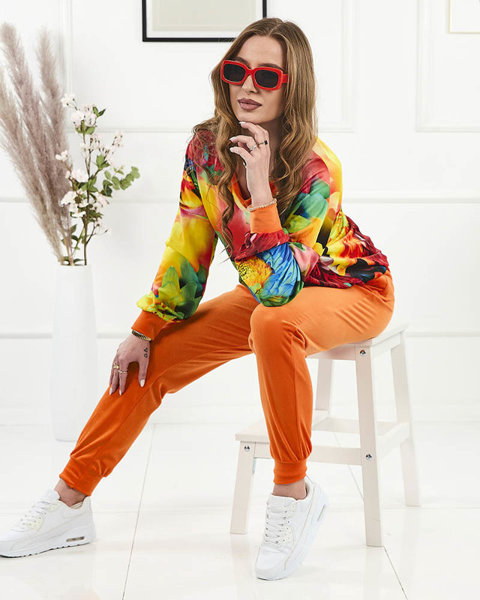 Narancssárga női velúr pulóver szett színes nyomtatással- Ruházat