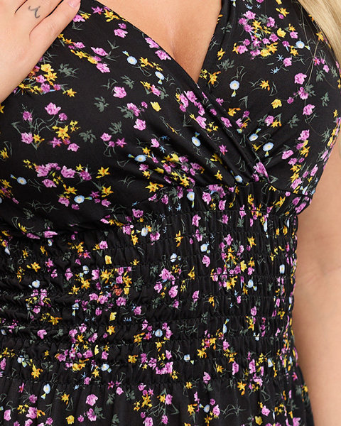 Női fekete maxi ruha lila virágokkal - Ruházat