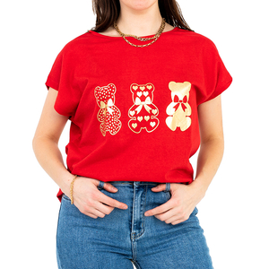 Női piros pamut póló arany mackómintával - Ruházat