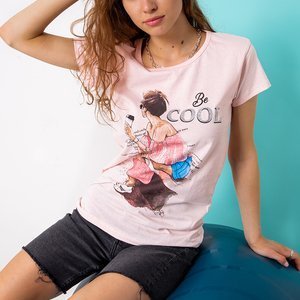 Női rózsaszín pamut póló nyomtatással - Ruházat