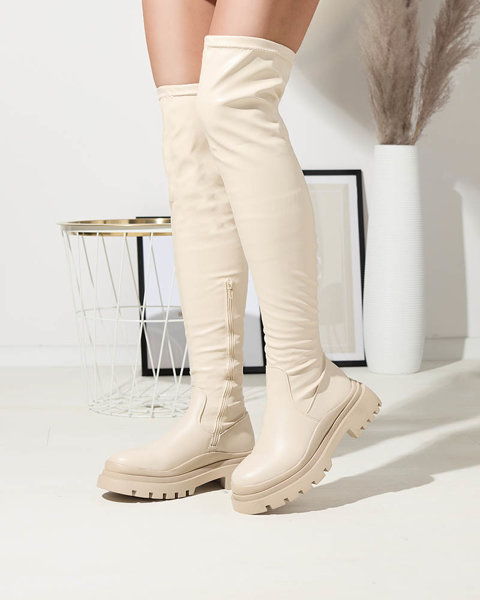 OUTLET Bézs női térdig érő, vastagabb talpú csizma Amerima- Footwear